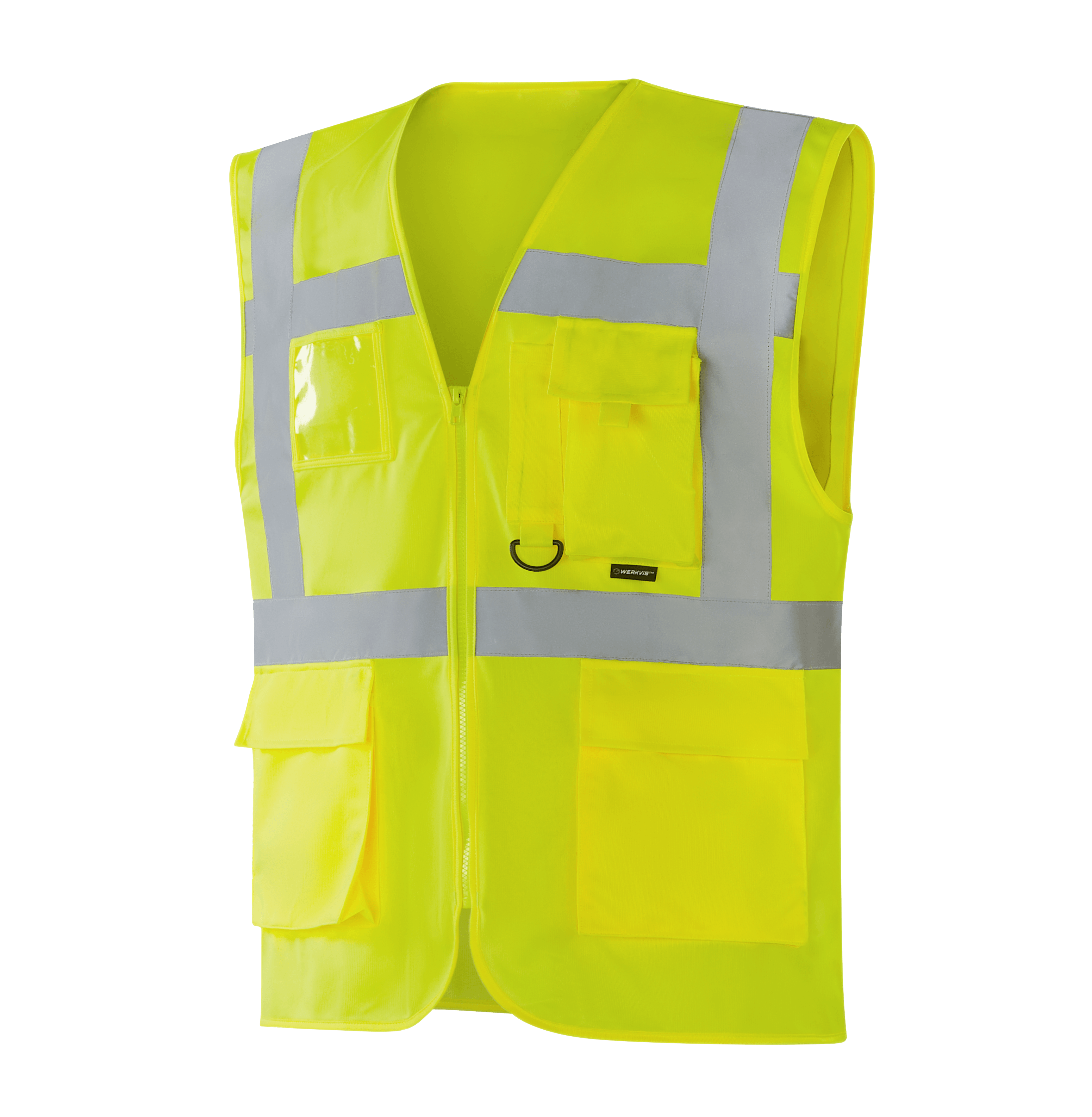 Hi-vis yellow WV204 MALLORCA vest, low-stretch yarn, zip front, sewn reflective tape, EN ISO 20471 Class 2